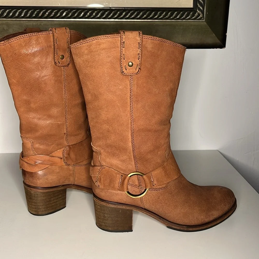 Johnston & Murphy Mid Calf Brown Leather Moto Style Pull On Harness Boots Size 8 - Picture 11 of 16